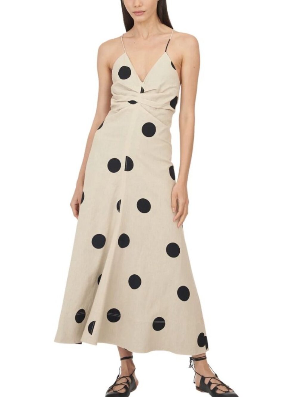 TANYA TAYLOR Meredith Midi Dress Sand Black Polka Dot Size 4